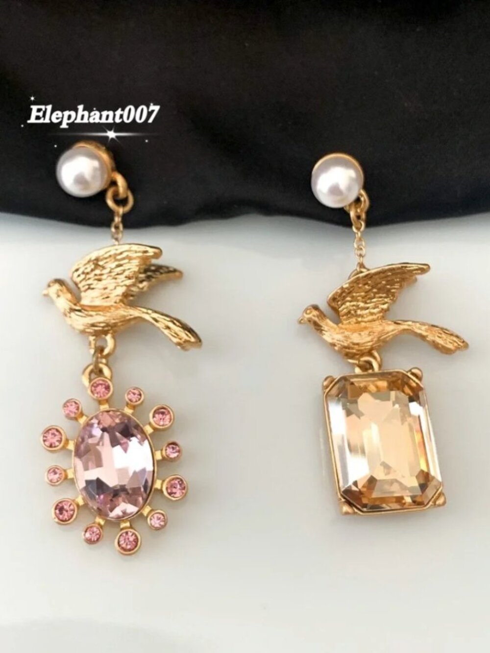 Oscar de la Renta Statement Bird Crystal Drop Earrings Gold Tone Pink Champagne